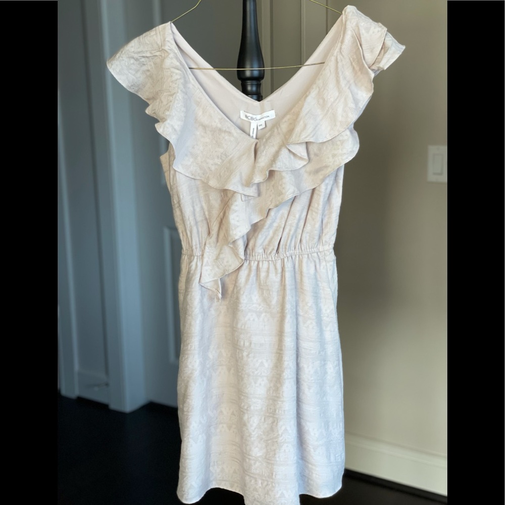BCBG Asymmetrical Ruffle Dress Beige XXS